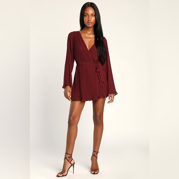 Lulus Pleated‎ Long Sleeve Skort Romper - Picture 2 of 11